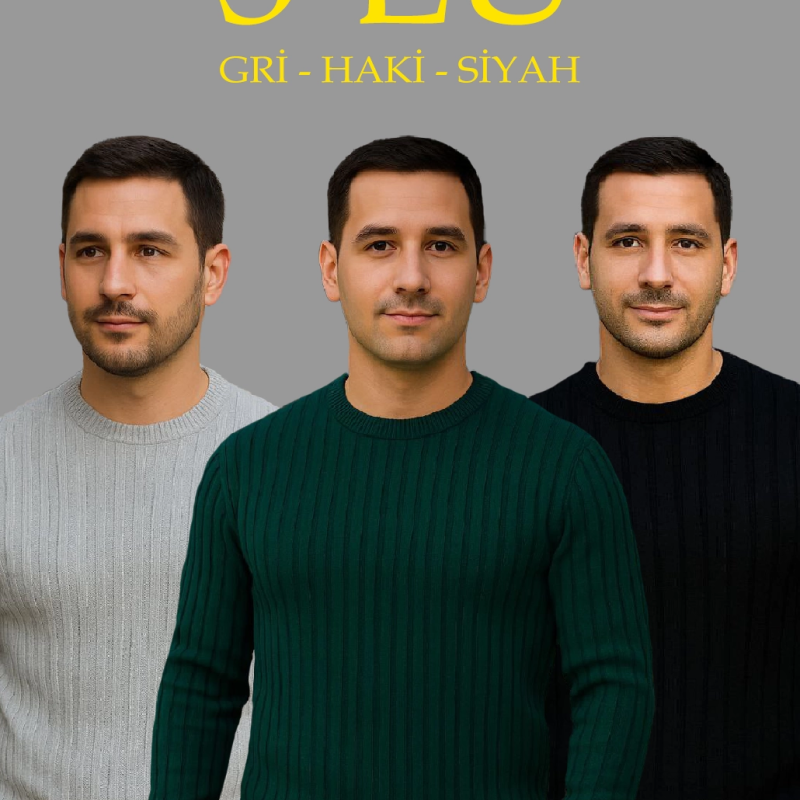 Fitilli Triko Kazak 3’lü Set – Gri, Haki, Siyah | Kalın Dokuma Pamuklu Regular Fit Bisiklet Yaka Uzun Kollu Kışlık ve Baharlık Rahat Triko Kombini