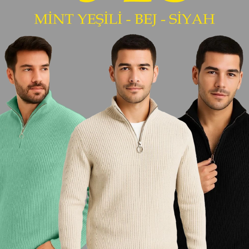 Fitilli Triko Kazak 3’lü Set – Mint Yeşili, Siyah, Bej
