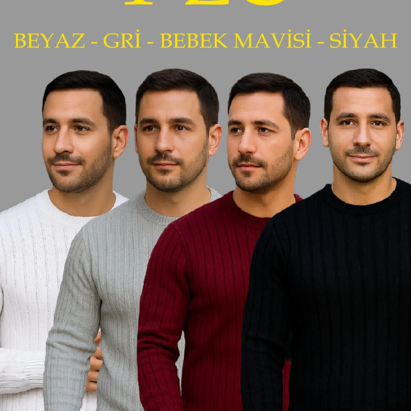 Fitilli Triko Kazak 4’lü Set – Beyaz, Bordo, Gri, Siyah | Kalın Dokuma Pamuklu Regular Fit Bisiklet Yaka Uzun Kollu Kışlık ve Baharlık Rahat Triko Kombini