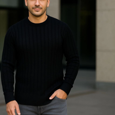 Fitilli Triko Kazak 4’lü Set – Beyaz, haki, bej, Siyah | Kalın Dokuma Pamuklu Regular Fit Bisiklet Yaka Uzun Kollu Kışlık ve Baharlık Rahat Triko Kombini