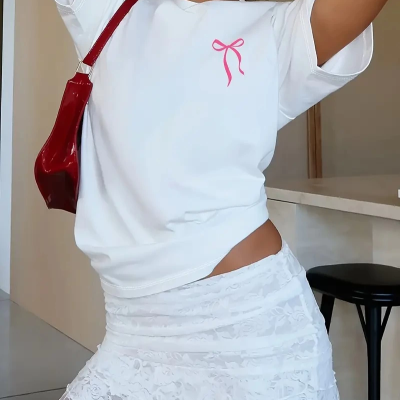 Fiyonk Ön Arka Baskılı Oversize Bisiklet Yaka T-shirt Yazlık - Beyaz -