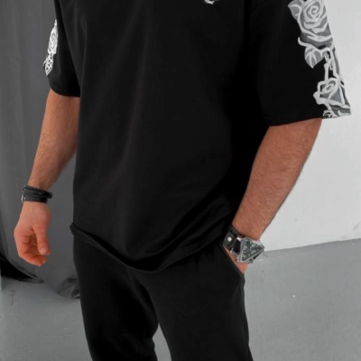 Flok Kabartma Baskılı T-Shirt - Siyah