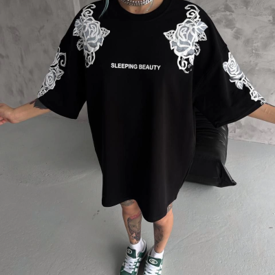 Flok Kabartma Baskılı T-Shirt - Siyah