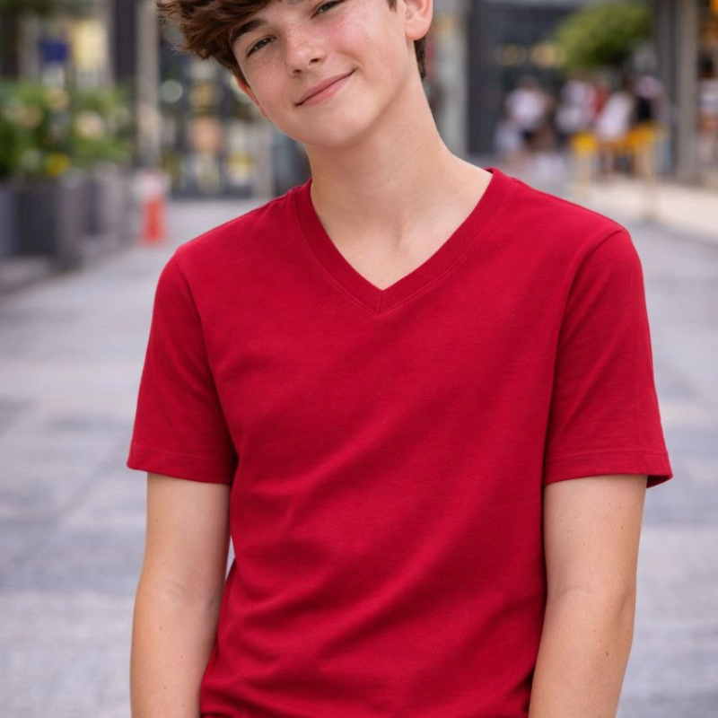 Genç Erkek Çocuk V Yaka Tişört Model - Bordo