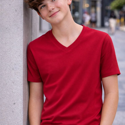 Genç Erkek Çocuk V Yaka Tişört Model - Bordo