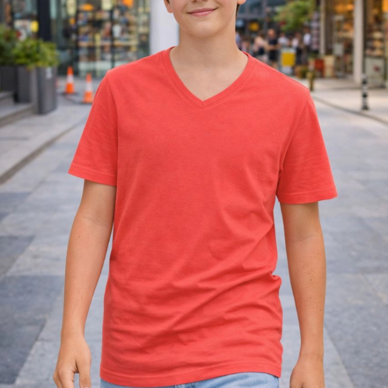 Genç Erkek Çocuk V Yaka Tişört Model - Nar Çiçeği