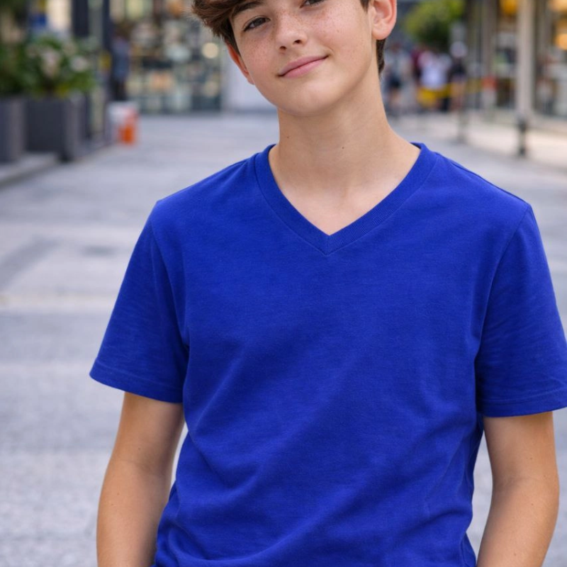 Genç Erkek Çocuk V Yaka Tişört Model - Saks Mavisi
