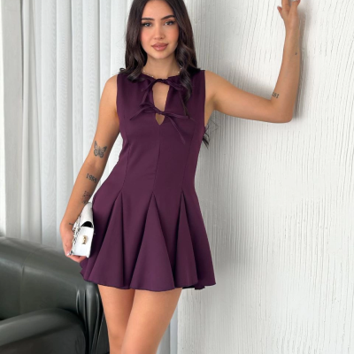 Göğüs Bağlamalı Kolsuz Mini Boy Elbise - Gül Kurusu -