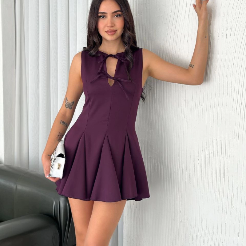 Göğüs Bağlamalı Kolsuz Mini Boy Elbise - Gül Kurusu -