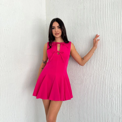 Göğüs Bağlamalı Kolsuz Mini Boy Elbise - Pembe -