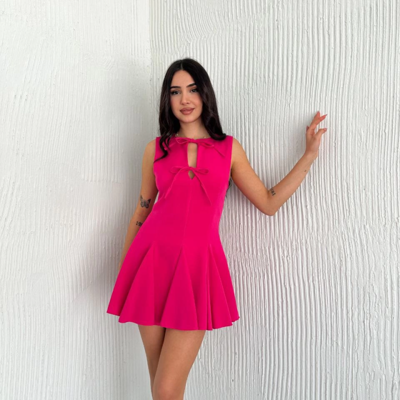 Göğüs Bağlamalı Kolsuz Mini Boy Elbise - Pembe -