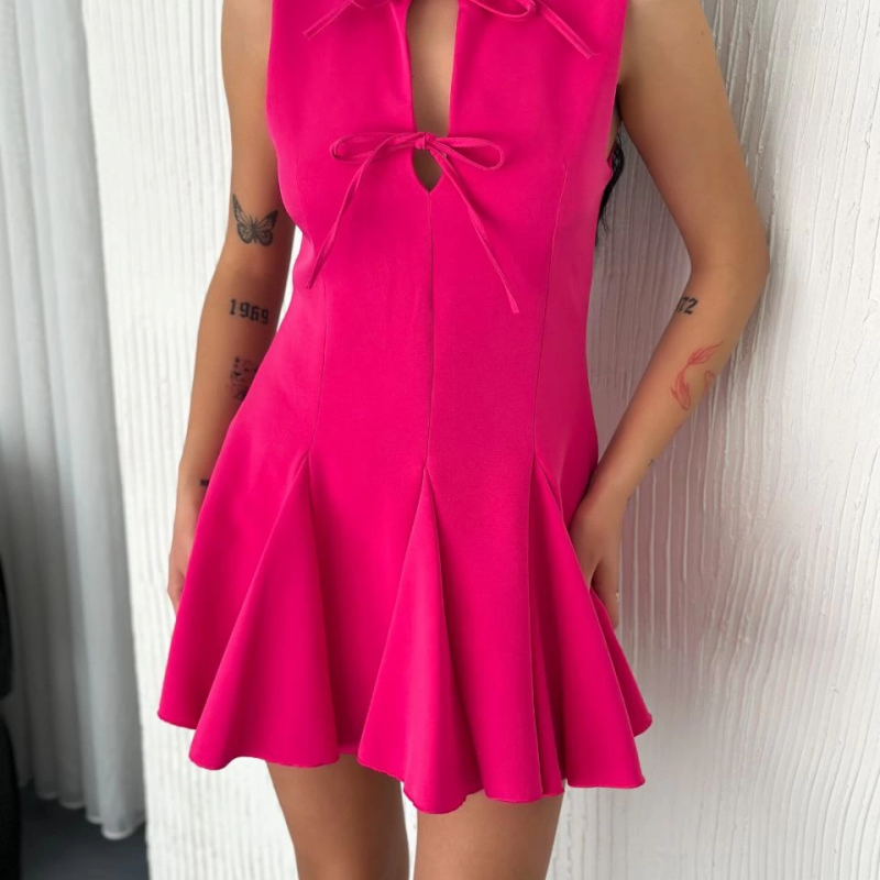 Göğüs Bağlamalı Kolsuz Mini Boy Elbise - Pembe -