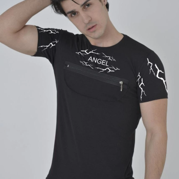 Göğüs Fermuarlı Baskılı T-Shirt - Siyah -