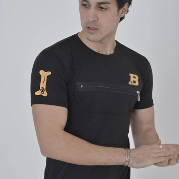 Göğüs Fermuarlı Baskılı T-Shirt - Siyah -