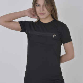 Göğüste Fermuar Aksesuarlı Dar Kalıp T-Shirt - Siyah -
