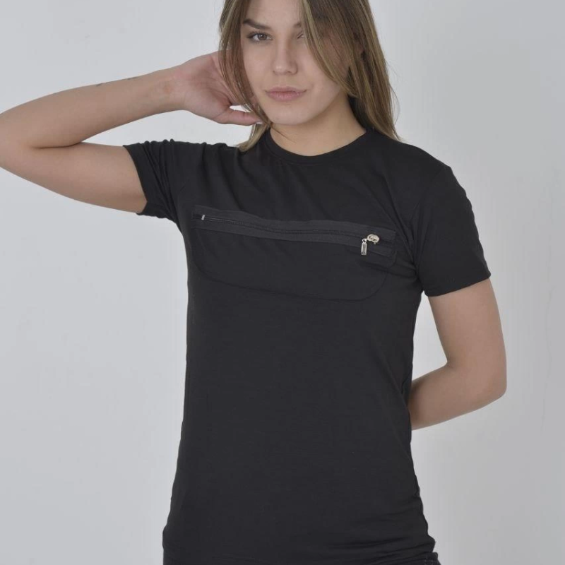 Göğüste Fermuar Aksesuarlı Dar Kalıp T-Shirt - Siyah -