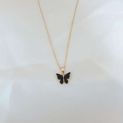 Gold Kaplama Siyah Renkli Sedefli Kelebek Kolye