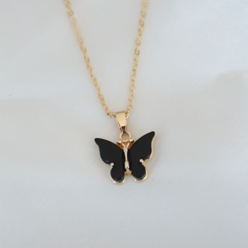 Gold Kaplama Siyah Renkli Sedefli Kelebek Kolye