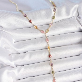 Gold Karışık Renk Zirkon Taşlı Y Pirinç Kolye