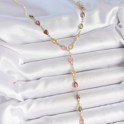 Gold Karışık Renk Zirkon Taşlı Y Pirinç Kolye