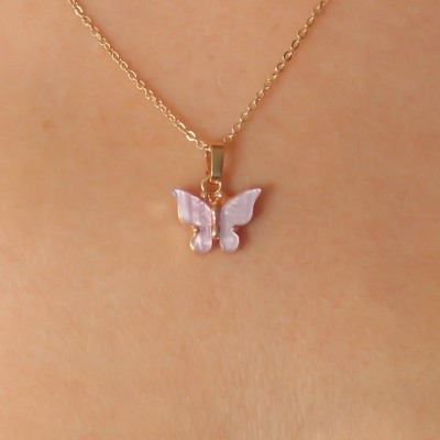 Gold Lila Renk Kelebek Figür Kadın Kolye