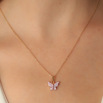 Gold Lila Renk Kelebek Figür Kadın Kolye