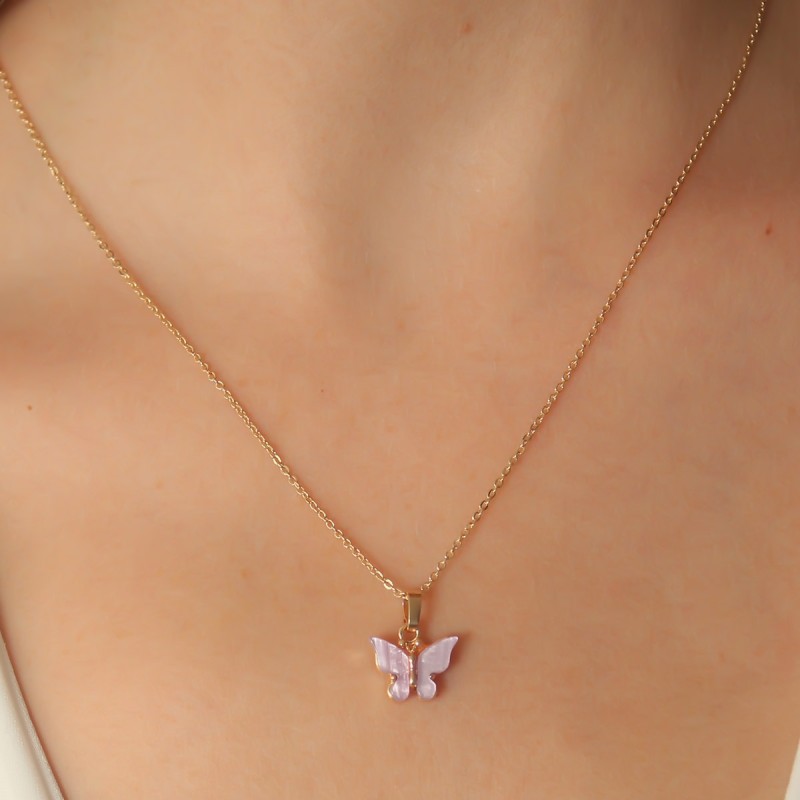 Gold Lila Renk Kelebek Figür Kadın Kolye