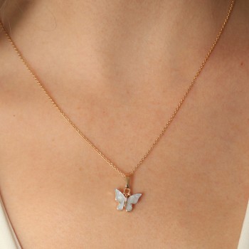 Gold Mavi Renk Kelebek Figür Kadın Kolye