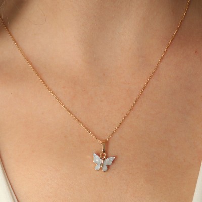 Gold Mavi Renk Kelebek Figür Kadın Kolye