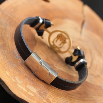 Gold Renk Baykuşlu Metal Aksesuarlı Siyah Renk Deri Erkek Bileklik