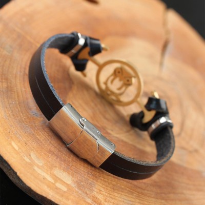 Gold Renk Baykuşlu Metal Aksesuarlı Siyah Renk Deri Erkek Bileklik
