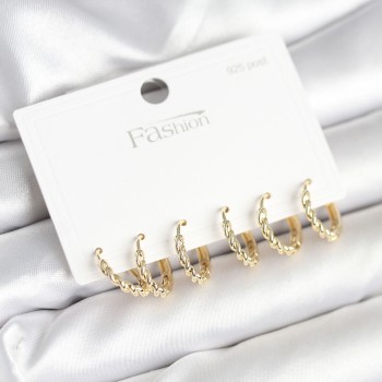 Gold Renk Burgu Halka Model 925 Ayar Gümüş Çivili Pirinç Küpe Seti