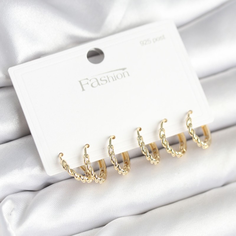 Gold Renk Burgu Halka Model 925 Ayar Gümüş Çivili Pirinç Küpe Seti