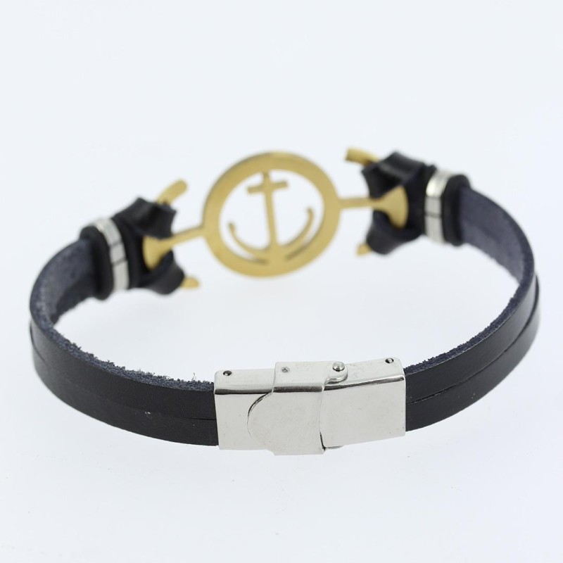 Gold Renk Deniz Çapası Figürlü Metal Aksesuarlı Siyah Renk Deri Erkek Bileklik