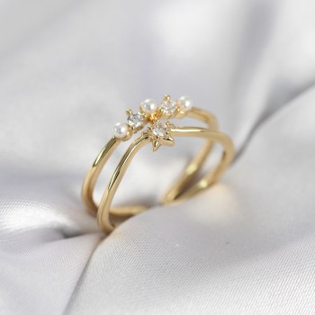 Gold Renk İncili Yıldız Model Zirkon Taşlı Kadın Yüzük