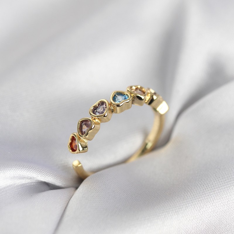 Gold Renk Kalp Model Renkli Zirkon Taşlı Kadın Yüzük