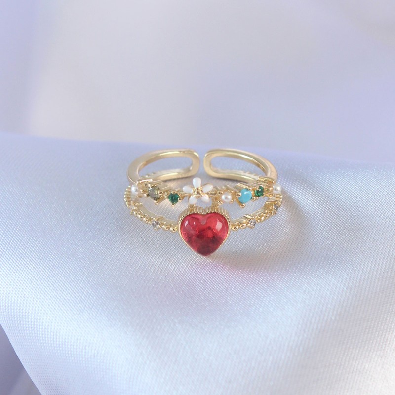Gold Renk Kırmızı Zirkon Taş Kalp Model Pirinç Kadın Yüzük