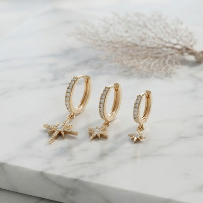 Gold Renk Kutup Yıldız Model 3 lü Küpe Seti