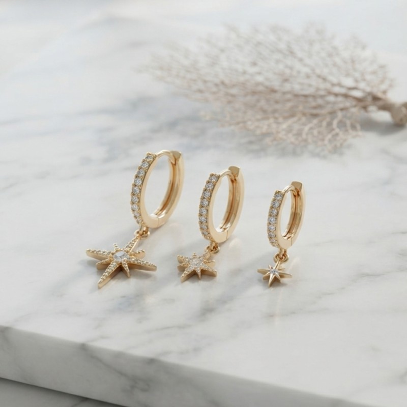 Gold Renk Kutup Yıldız Model 3 lü Küpe Seti