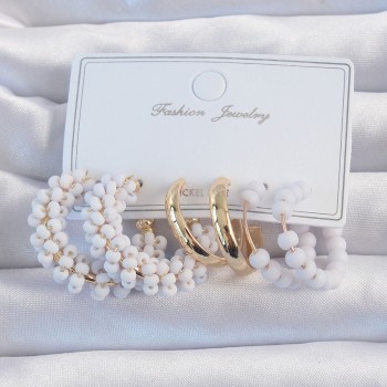 Gold Renk Lila Boncuklu Halka Küpe Seti