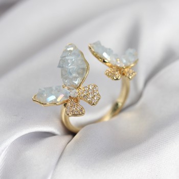 Gold Renk Mavi Kelebek Model Zirkon Taşlı Kadın Yüzük