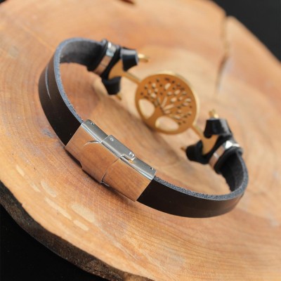 Gold Renk Metal Ağaçlı Tasarım Siyah Renk Deri Erkek Bileklik