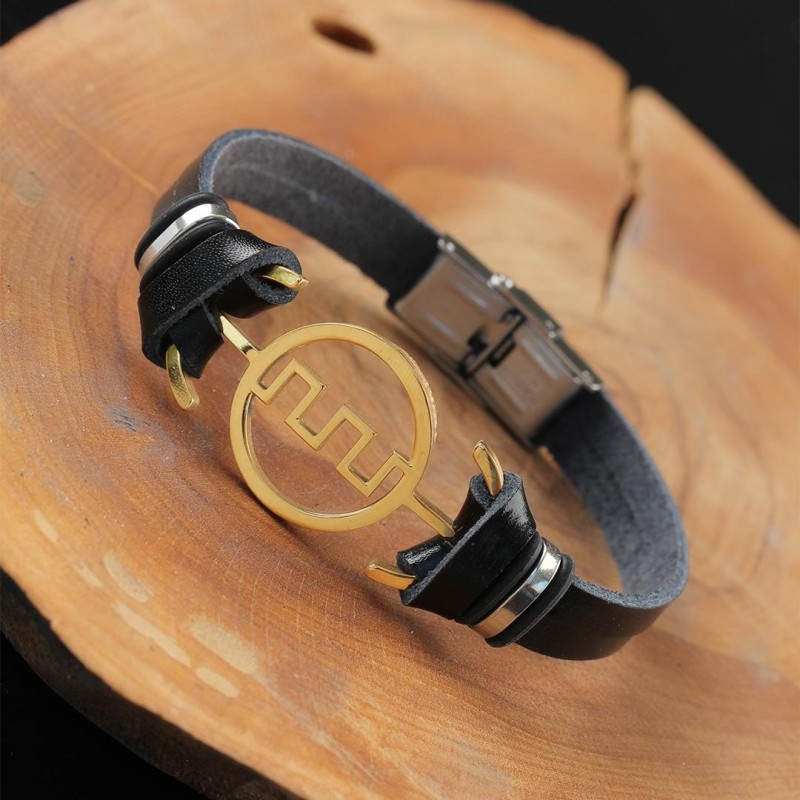 Gold Renk Metal Labirent Tasarım Siyah Renk Deri Erkek Bileklik
