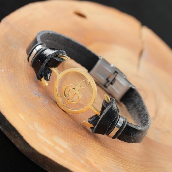 Gold Renk Metal Sol Anahtarlı Tasarım Siyah Renk Deri Erkek Bileklik