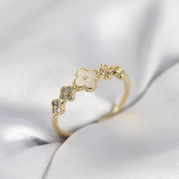 Gold Renk Minimal Yonca ve Zirkon Taşlı Kadın Yüzük