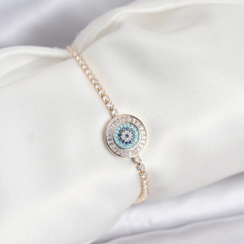 Gold Renk Nazar Model Zirkon Taşlı Asansörlü Su Yolu Bileklik