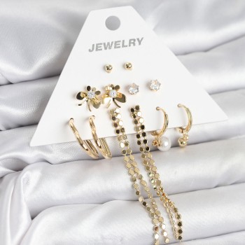 Gold Renk Pirinç 6'lı Kadın Küpe Seti