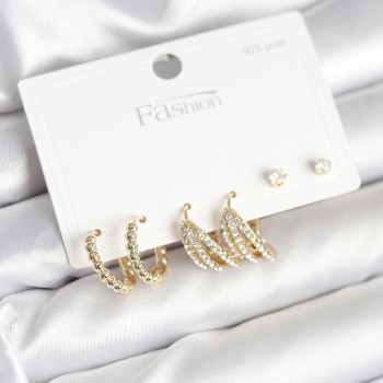 Gold Renk Pirinç 925 Ayar Gümüş Çivili Kadın Küpe Seti