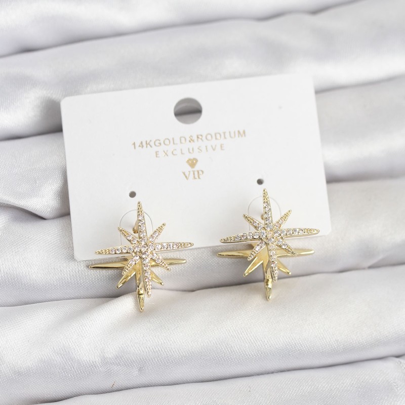 Gold Renk Pirinç Çift Taraflı Kutup Yıldızı Kadın Küpe