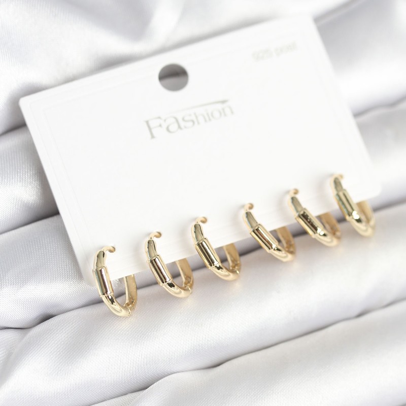 Gold Renk Pirinç Halka Model 925 Ayar Gümüş Çivili Kadın Küpe Seti